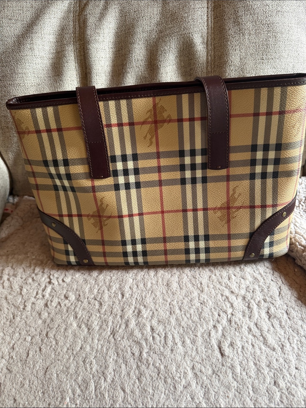 Burberry Haymarket Tan Check Canvas Tote with Brown Leather Trim - Picture 6 of 7